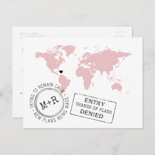 ピンクの行き先婚式の日付の変更おもしろい 案内ポストカード (正面/裏面)
