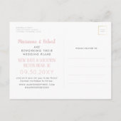 ピンクの行き先婚式の日付の変更おもしろい 案内ポストカード (裏面)