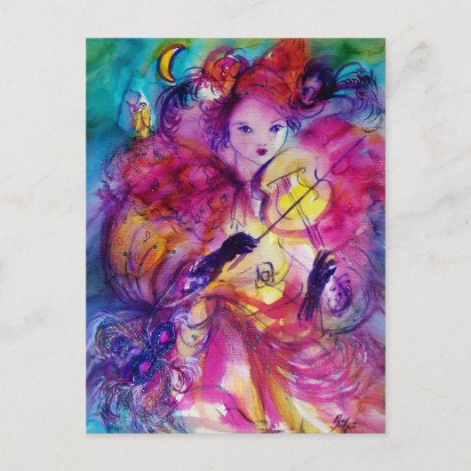 ピンクの衣装の仮装カーニバルミュージシャン ポストカード (正面)