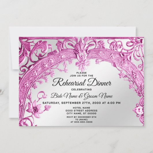 ピンクの装飾フローラリハーサルディナー 招待状 (正面)