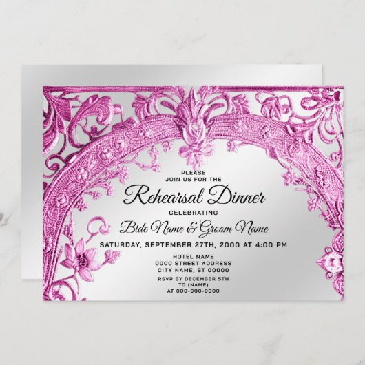 ピンクの装飾フローラリハーサルディナー 招待状 (正面/裏面)