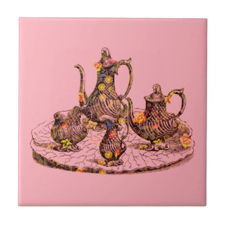 ピンクの装飾的なタイルのヴィンテージのティーポット タイル