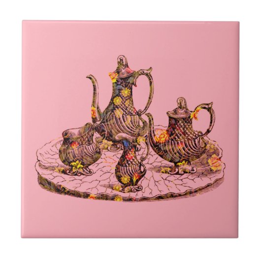 ピンクの装飾的なタイルのヴィンテージのティーポット タイル (正面)