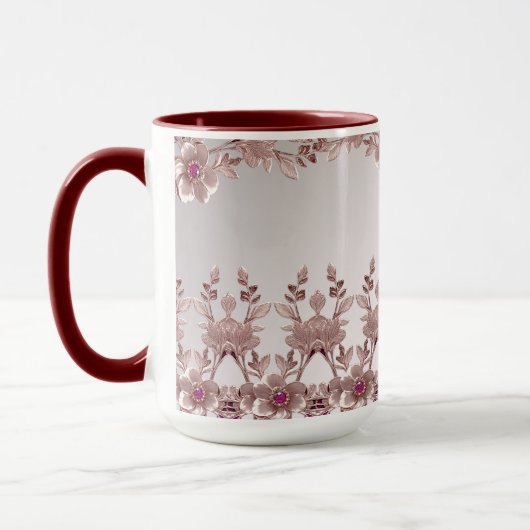ピンクの装飾的な花模様のマグカップ マグカップ (左)