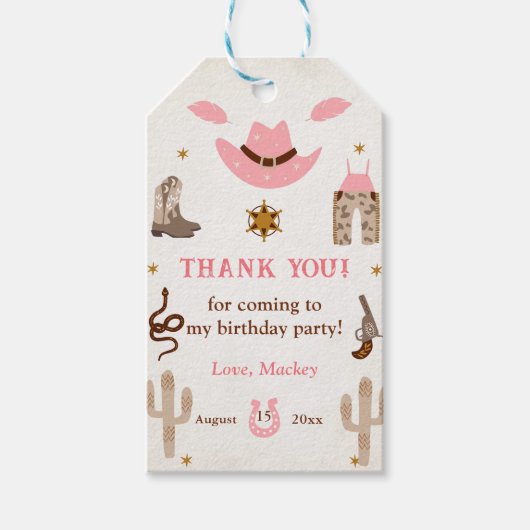 ピンクの西カウボーイ誕生日パーティー ギフトタグ (正面)