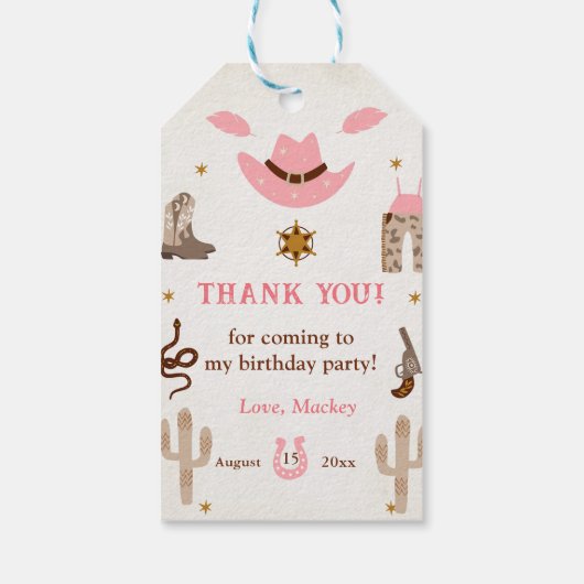 ピンクの西カウボーイ誕生日パーティー ギフトタグ (裏面)