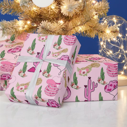ピンクの西部カウガールパターン ラッピングペーパー (クリスマス)