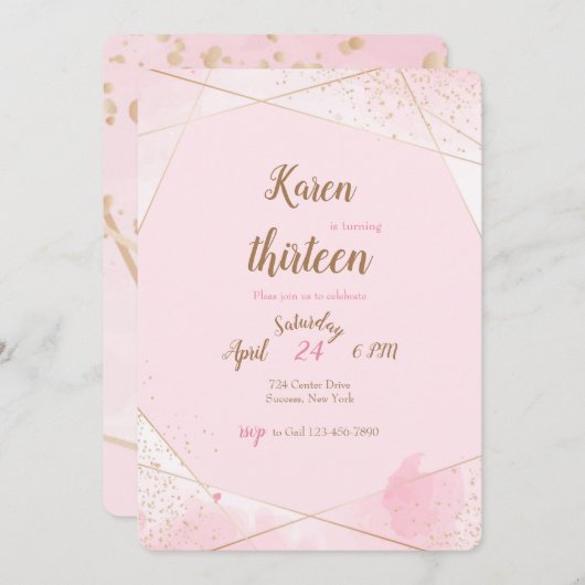 ピンクの角度バースデーパーティ招待状 招待状 (正面/裏面)