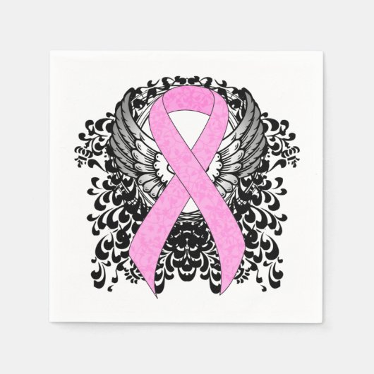 ピンクの認識度リボンとウィング スタンダードカクテルナプキン (正面)