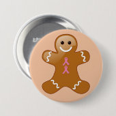 ピンクの認識度リボン付きジンジャーブレッドマン 缶バッジ (正面&裏面)