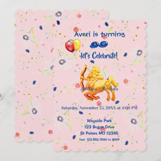 ピンクの誕生日いて座 招待状 (正面/裏面)