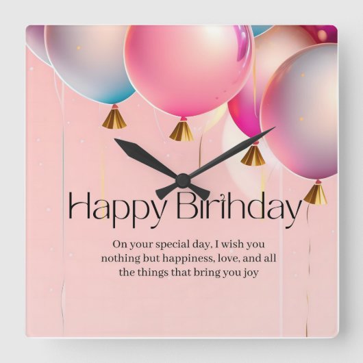 ピンクの誕生日おめでとう スクエア壁時計 (正面)