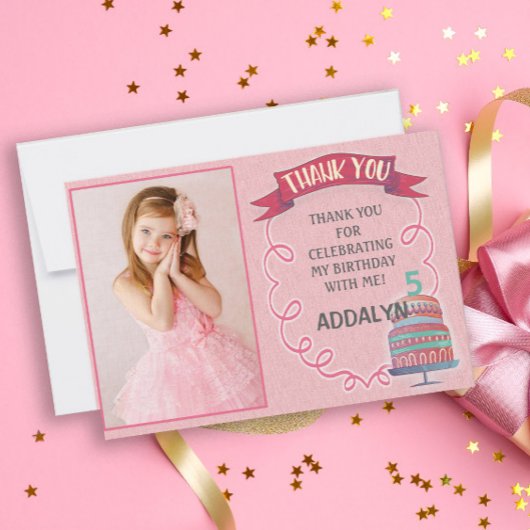 ピンクの誕生日とケーキの写真サンキューカード 招待状