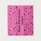 ピンクの誕生日にメッセージ付きブラックスター タペストリー (正面)