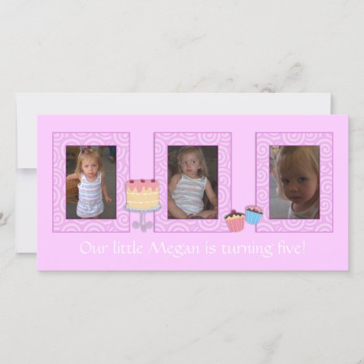 ピンクの誕生日のフォトカード 案内状 (正面)