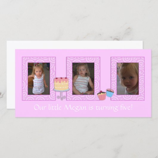 ピンクの誕生日のフォトカード 案内状 (正面/裏面)