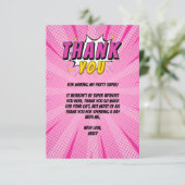 ピンクの誕生日の漫画のスーパーヒーロー少女に感謝! サンキューカード (スタンド正面)