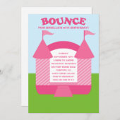 ピンクの誕生日の跳ね上がりの弾力がある家の誕生会 招待状 (正面/裏面)