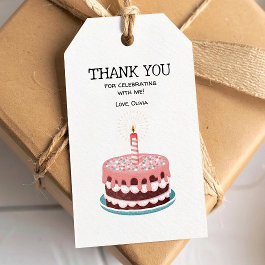ピンクの誕生日ケーキと燃えるろうそく ギフトタグ
