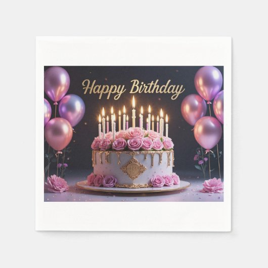ピンクの誕生日ケーキ豪華で優雅な贅沢な スタンダードカクテルナプキン (正面)