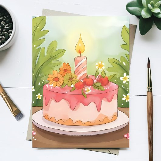 ピンクの誕生日ケーキ | ハッピーバースデー ポストカード