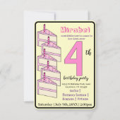 ピンクの誕生日ケーキ 4歳の誕生日パーティー 子どもたち 招待状 (正面)