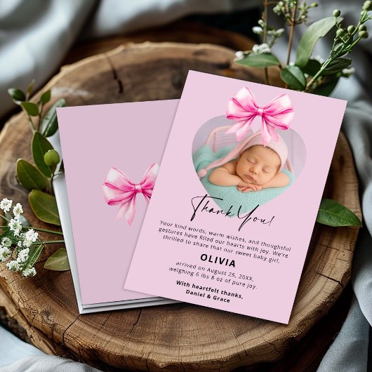 ピンクの誕生日サンキューカードと写真 案内状