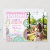 ピンクの誕生日ドーナツパーティー写真 招待状 (正面)