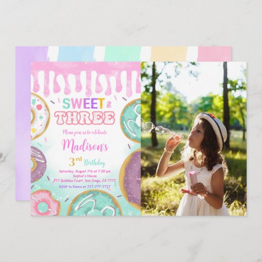 ピンクの誕生日ドーナツパーティー写真 招待状 (正面/裏面)