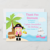 ピンクの誕生日パーティーでかわいいブロンド海賊ガール サンキューカード (正面)
