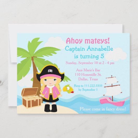ピンクの誕生日パーティーでかわいいブロンド海賊ガール 招待状 (正面)