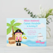 ピンクの誕生日パーティーでかわいいブロンド海賊ガール 招待状 (スタンド正面)