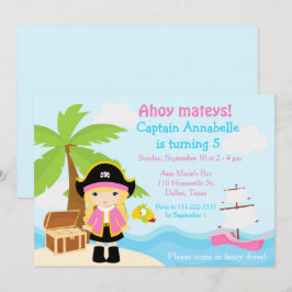ピンクの誕生日パーティーでかわいいブロンド海賊ガール 招待状