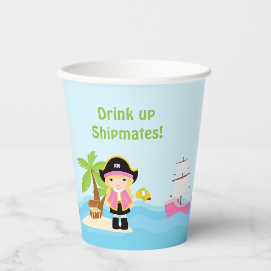 ピンクの誕生日パーティーでかわいいブロンド海賊ガール 紙コップ (正面)