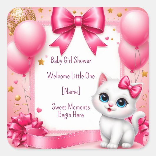 ピンクの誕生日パーティーの子猫 🐱 スクエアシール (正面)