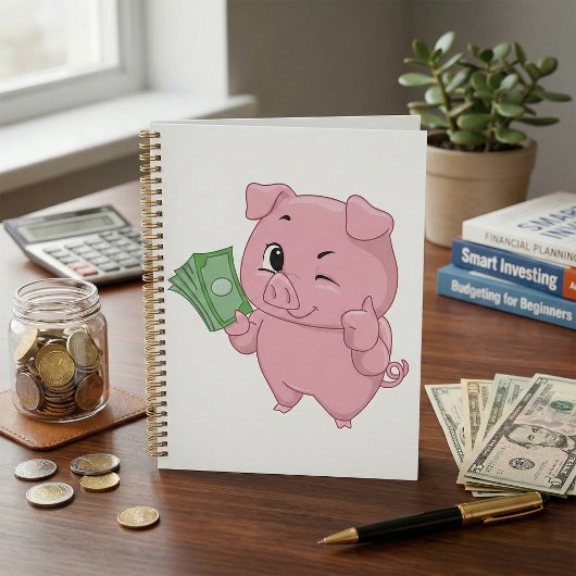ピンクの豚が現金を抱えて親指を立てている プランナー手帳