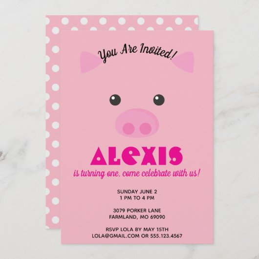 ピンクの豚のような顔の誕生会の写真の招待 招待状 (正面/裏面)