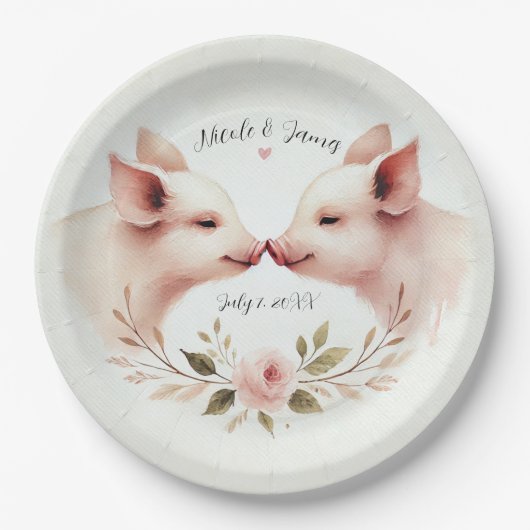 ピンクの豚の鼻と鼻の花柄の素朴なウェディング ペーパープレート (正面)