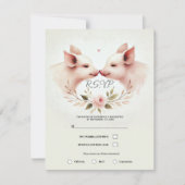 ピンクの豚の鼻と鼻の花柄の素朴なRSVP 招待状 (正面)