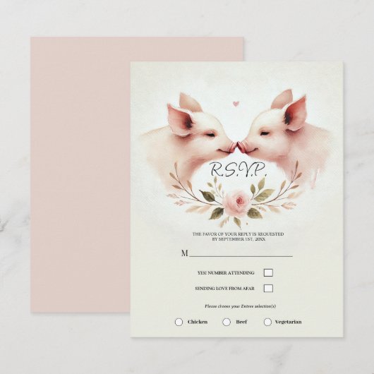 ピンクの豚の鼻と鼻の花柄の素朴なRSVP 招待状 (正面/裏面)