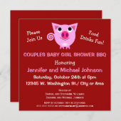 ピンクの豚 BBQ カップル ベビーシャワー 女の子または中立 招待状 (正面/裏面)