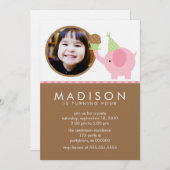 ピンクの象およびカップケーキの誕生日の発表 招待状 (正面/裏面)