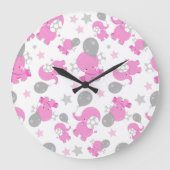 ピンクの象のパターン，かわいい象，星 ラージ壁時計 (正面)