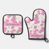 ピンクの象のパターン,星,あなたの名前 鍋つかみ&鍋敷きセット (正面)