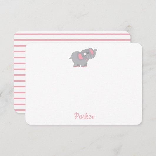 ピンクの象のパーソナライズされた子供の文房具 サンキューカード (正面/裏面)