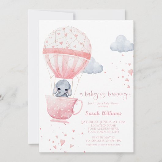 ピンクの象のベビーが赤ちゃんシャワーを醸造している 招待状 (正面)