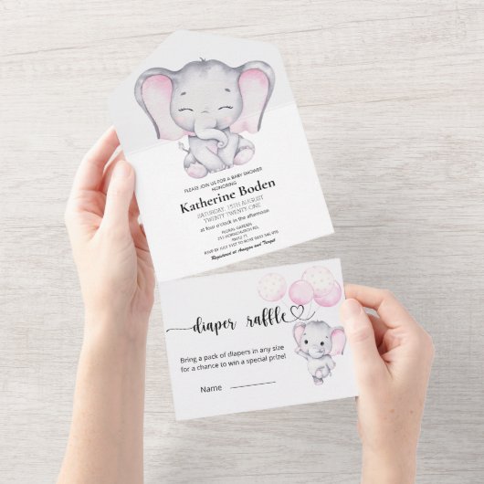 ピンクの象の赤ちゃんシャワーすべて1つの招待状 オールインワン招待状 (貼ってはがせる)