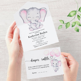 ピンクの象の赤ちゃんシャワーすべて1つの招待状 オールインワン招待状
