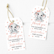 ピンクの象の赤ちゃん女の子がシャワー感謝していユーラベル