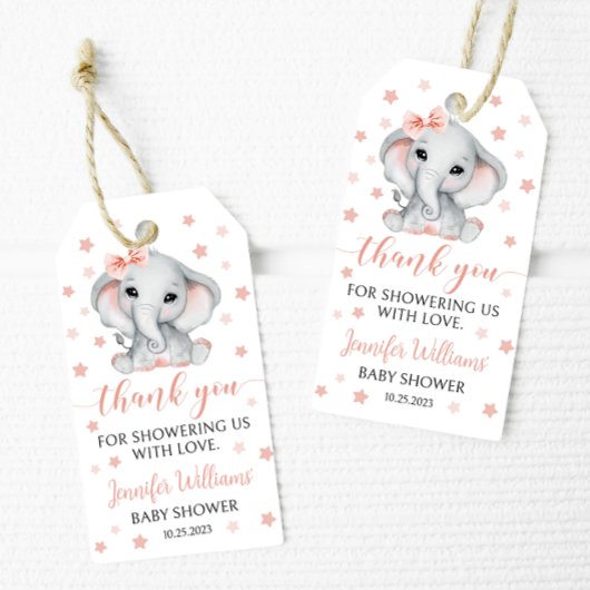 ピンクの象の赤ちゃん女の子がシャワー感謝していユーラベル ギフトタグ